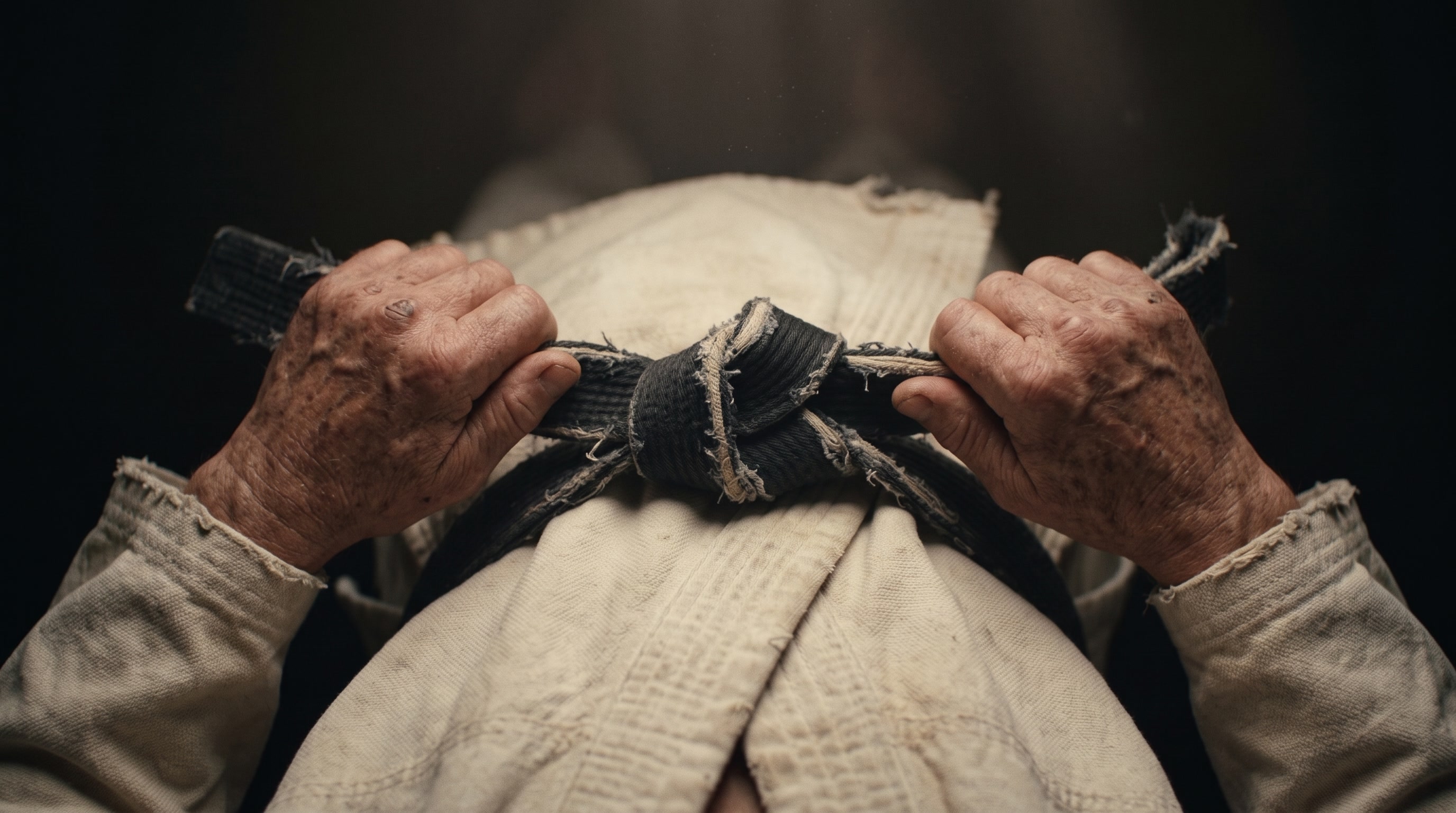 The same knot years later: an old man's hands tying a worn black belt