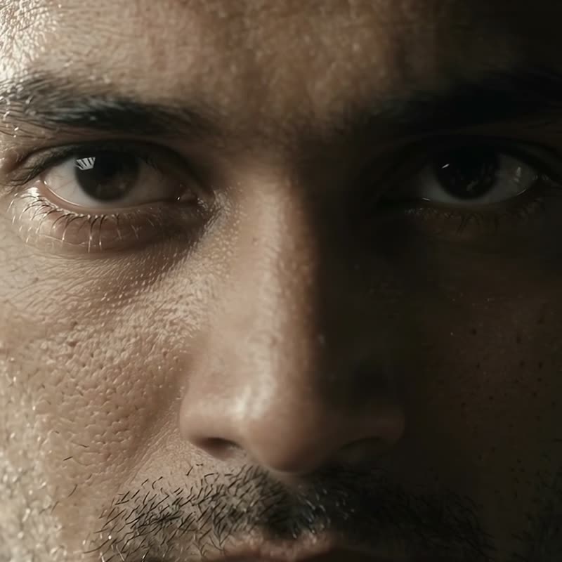 Close-up of a karateka's eyes under a lowered brow