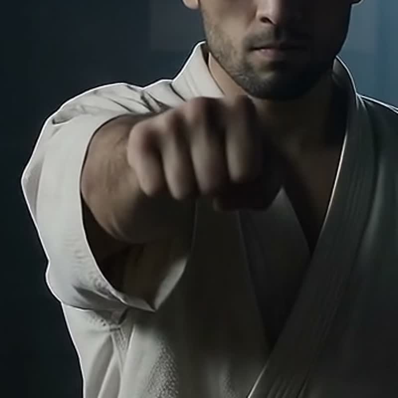 A karate fist striking toward the camera